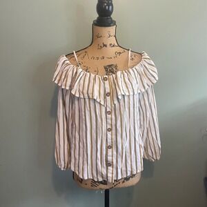 Maurices Womens Boho Chic Casual Coastal Striped Off The Shoulder‎ Blouse Medium